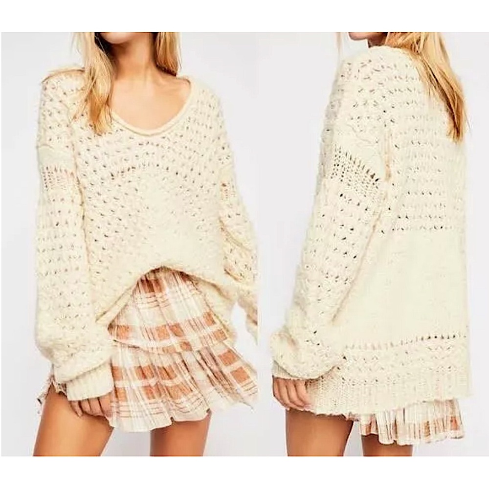 Free People Women's Size XS Crashing Waves Sweater Cream Wool Blend